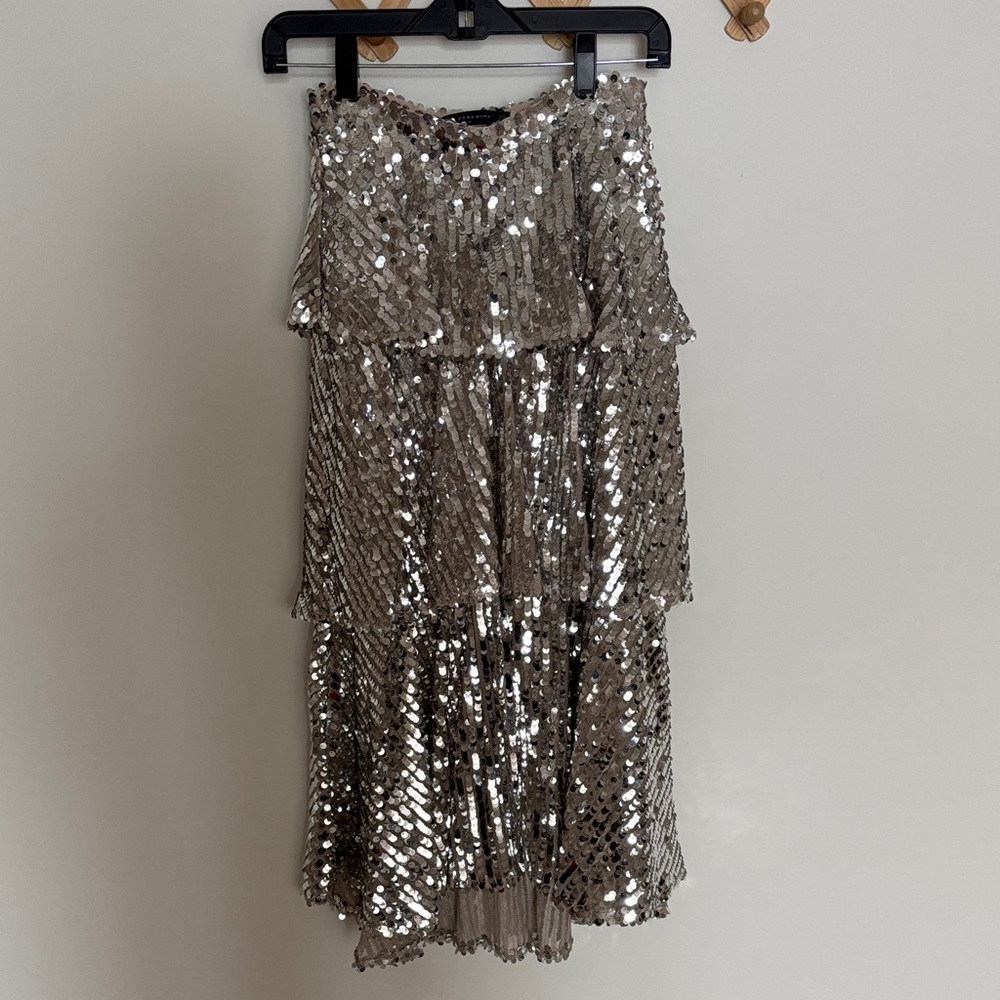 NWT Zara Silver Sequin Tiered Dress